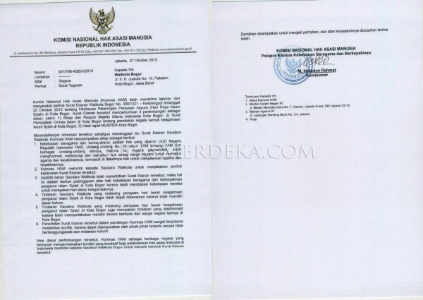 Surat Teguran Komnas HAM kepada Bima Arya 27 Oct 2015