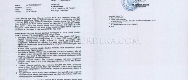 Surat Teguran Komnas HAM kepada Bima Arya 27 Oct 2015