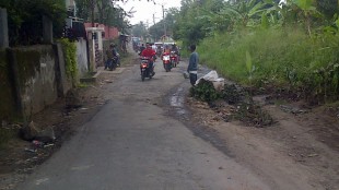 Jalan Raya Cemplang-Ciasmara mengalami kerusakan, warga tanami lubang dengan pohon pisang (dok. KM)
