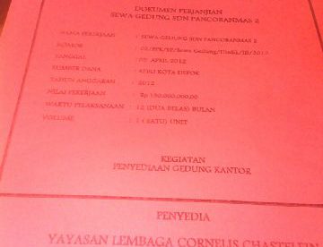 Dokumen perjanjian sewa gedung SDN Panmas 2 Depok antara Dinas Pendidikan dengan Lembaga COrnelis Chastelen (dok. KM)