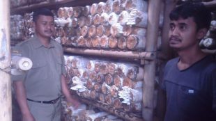 Wahyu, Kades Cilawu Garut (kiri) saat monev ke budidaya jamur milik Totok (dok. KM)
