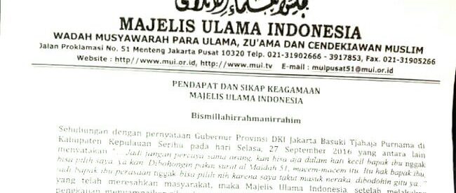 Surat pernyataan MUI tentang perkataan Gubernur DKI Jakarta Basuki Tjahaja Purnama yang menyinggung soal Al Qur'an surat Al Maidah Ayat 51 (dok. KM)