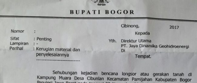 Surat Bupati Bogor yang ditujukan kepada pimpinan PT. JDG tidak bernomor (dok. KM)