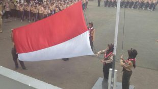 Upacara Penurunan Bendera saat peringatan Hari Gerakan Pramuka Nasional di Kecamatan Cimanggis, Senin 14/8 (dok. KM)