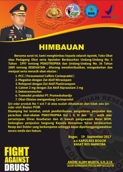 Pamflet yang disebarkan pihak Polres Bogor tentang obat keras yang dilarang penjualannya secara bebas (dok. KM)