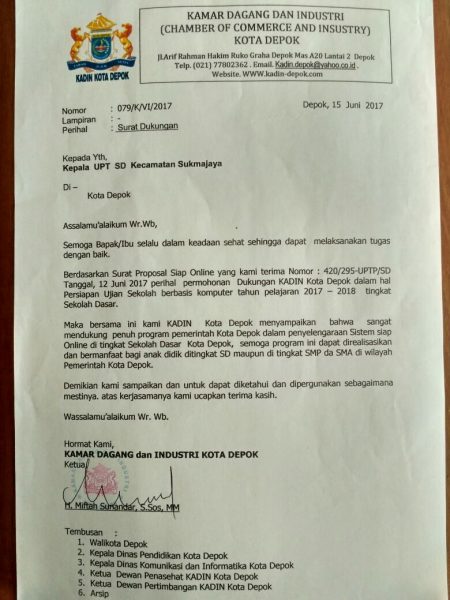 Surat dukungan Kadin Kota Depok untuk sukseskan Smart Education (dok. KM)