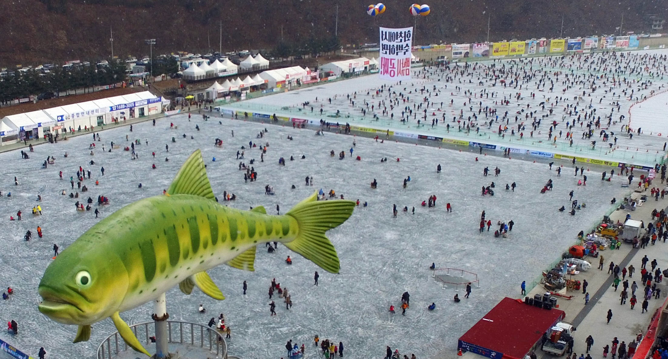 Foto pada 2017 ini menunjukkan para pengunjung tengah menyaksikan sancheoneo, sejenis ikan trout yang hidup di pegunungan, saat ajang tahunan Hwacheon Sancheoneo Ice Festival di Hwacheon (dok. NARA Foundation)