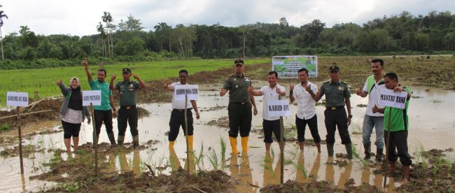 Dandim 0104/Atim dan Kepala Dinas Pertanian , Perkebunan dan Perikanan beserta kelompok tani lakukan tanam padi perdana bersama di Aceh Tamiang, Rabu 3/1 (dok. KM)