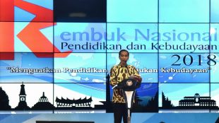 Presiden Joko Widodo ketika memberikan sambutan pada Rembuk Nasional Pendidikan dan Kebudayaan 2018 yang dilaksanakan di Pusdiklat Kemendikbud, Sawangan, Depok, Selasa 6 Februari 2018.