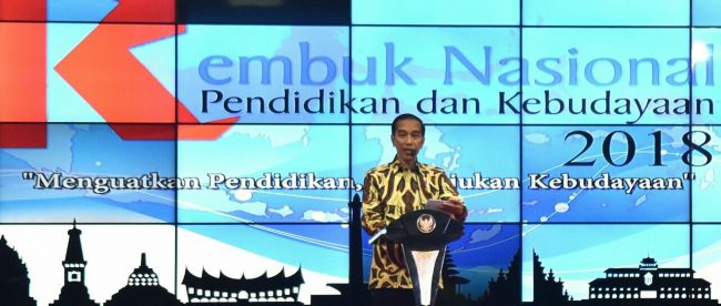 Presiden Joko Widodo ketika memberikan sambutan pada Rembuk Nasional Pendidikan dan Kebudayaan 2018 yang dilaksanakan di Pusdiklat Kemendikbud, Sawangan, Depok, Selasa 6 Februari 2018.