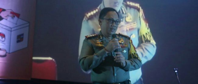 Kapolresta Bogor Kombes Pol Ulung Sampurna Jaya saat memberi sambutan di Deklarasi Kampanye Damai KPUD Kota Bogor, Minggu 18/02/2018 (dok. KM)
