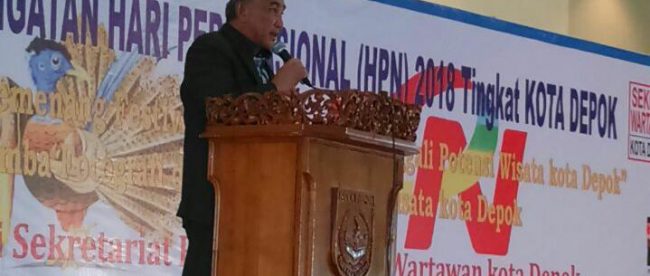 Walikota Depok M. Idris Abdul Shomad memberikan sambutan di acara peringatan Hari Pers Nasional, Selasa 27/2 (dok. KM)