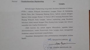 Surat Walikota Langsa perihal pemberhentian "Replanting" yang ditujukan kepada direktur Direktur PTPN I Langsa, Selasa 13 Maret 2018 (dok. KM)
