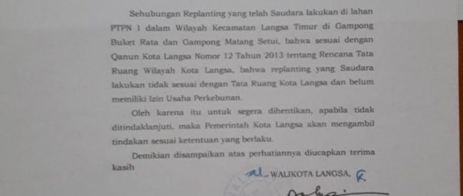 Surat Walikota Langsa perihal pemberhentian 