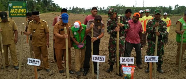 Dandim dan Prokopimda Aceh Timur menanam Jagung Perdana dalam Program Demlot Dandim 0104/ATIM secara bersamaan, Senin (9/4/18)