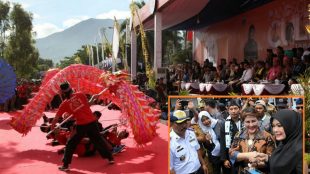 Kesenian barongsai dari Sanggar Hok Tai Bio dari Tangerang tampil dalam Pandeglang Culture Festival 2018 yang digelar Minggu 1/4/2018 di Alun- alun Pandeglang, Banten. Insert: Launching trayek Damri rute Tanjung Lesung - Bandara Soetta yang dilakukan oleh Bupati Irna Dimyati bersama Dirut Perum Damri Setia N. Milatia, Minggu, 1/4/2018 (dok. KM)