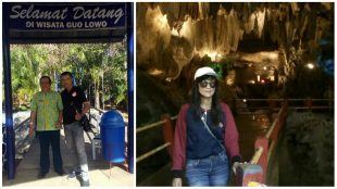 (kiri) Kepala Pemandu Wisata dari Dinas Pariwisata dan Kebudayaan, (kanan) Keindahan ruangan dalam Goa Lowo, Trenggalek, Jawa Timur (dok. KM)