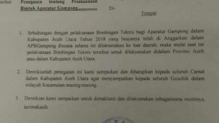 Surat edaran Bupati Aceh Utara terkait penegasan tentang pelaksanaan Bimtek Aparatur Gampong. (dok. KM)