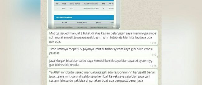 Tangkapan layar keluhan pelanggan terhadap pelayanan Java Travel (dok. KM)