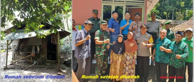 Komunitas Sedulur Kebumen, jajaran Kodim 0709 Kebumen, jajaran Polres Kebumen, Forkopimda dan warga setempat pada penyerahan kunci bedah rumah ke- 11 rumah Simbah Sutinah di Alian Kebumen, 4/4/2019.