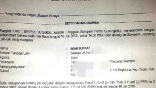 Laporan Pemred SuaraKPK ke Propam Gunungkidul atas dugaan pelanggaran kedisiplinan oleh dua anggota Polsek Semin (dok. KM)