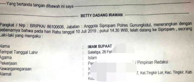 Laporan Pemred SuaraKPK ke Propam Gunungkidul atas dugaan pelanggaran kedisiplinan oleh dua anggota Polsek Semin (dok. KM)