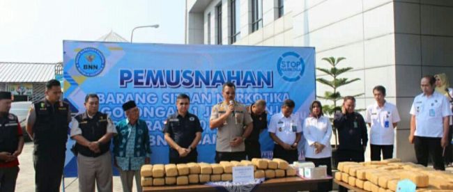 Ketua BNNP Banten dan pihak terkait memusnahkan 150 kg ganja di halaman Kantor BNN Propinsi Banten, Rabu 31/7/2019.