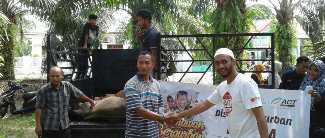 Ketua ACT-MRI Kota Langsa menyerahkan daging kurban dari 1 ekor lembu di Gampong Aluer Dua, Kecamatan Langsa Baro, Kota Langsa, Minggu 11/8 (dok. KM)
