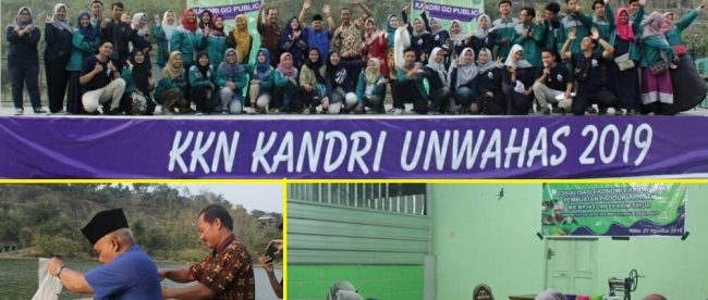 Penutupan KKN Mahasiswa Universitas Wachid Hasyim Semarang (A), Penebaran benih ikan oleh Wakil Rektor Universitas Wahid Hasyim (Unwahas) H. Mudzakir Ali (B), Pelatihan Pembuatan Mie Majas (C) di Kelurahan Kandri Kecamatan Gunungpati.