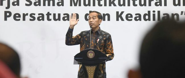 Presiden Joko Widodo memberikan sambutan pada pembukaan Forum Titik Temu di Hotel Double Tree Hilton, Jakarta, Rabu, 18/9/2019.