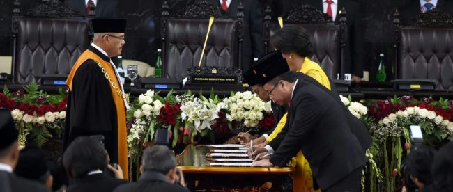 Pelantikan anggota MPR RI/ DPR RI/ DPD RI yang digelar di Ruang Paripurna, Gedung Nusantara, Kompleks Parlemen, Senayan, Jakarta, Selasa, 1/10/2019.