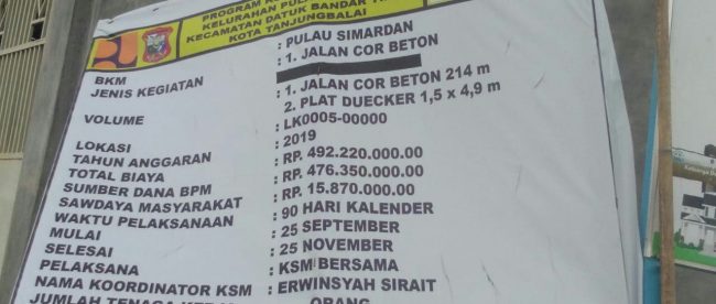 Plang proyek pengecoran jalan di Kelurahan Pulau Simardan, Kecamatan Datuk Bandar Timur, Tanjungbalai (dok. KM)