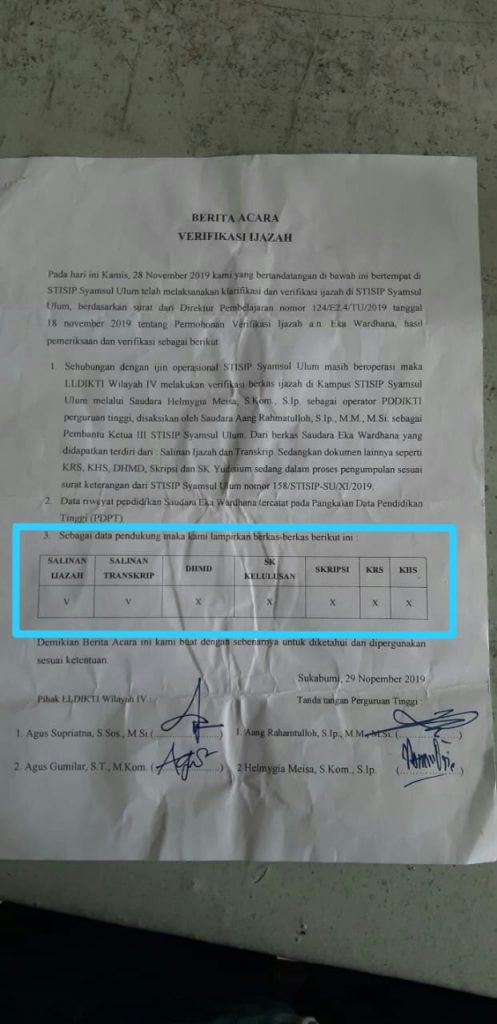 Berita acara verifikasi ijazah politisi Partai Golkar Eka Wardhana oleh LL Dikti Jawa Barat (dok. KM)