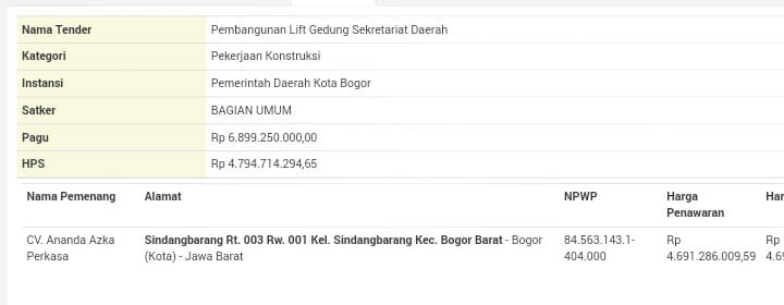 Tangkapan layar di situs LPSE Kota Bogor terkait nilai proyek lift Setda Kota Bogor (dok. KM)