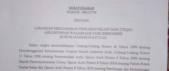 Surat edaran Plt Gubernur Aceh yang di edarkan kepada seluruh pimpinan Kabupaten Kota, Desember 2019 (dok. KM)
