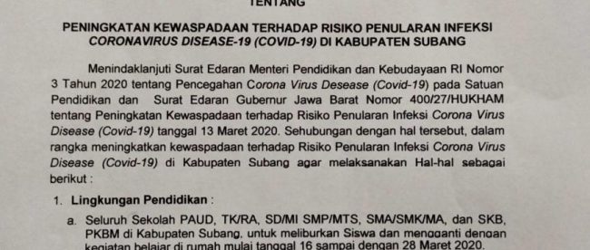 Surat edaran Bupati Subang tentang antisipasi wabah virus corona (dok. KM)