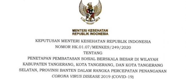 Surat Keputusan Menkes tentang PSBB di beberapa wilayah di Provinsi Banten (dok. KM)