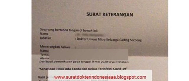 Surat bebas covid-19 yang diklaim dari Rumah Sakit Mitra Keluarga yang dijual melalui sebuah toko online. (dok. Hari Setiawan Muhammad Yasin/KM)