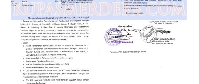 Surat rekomendasi yang dikeluarkan oleh Dinas PUPR Kabupaten Bekasi yang berisi kutipan dasar hukum yang salah (dok. KM)