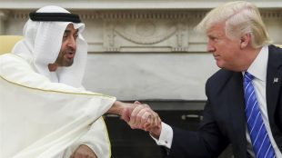 President Donald Trump shakes hands with Abu Dhabi's Crown Prince Sheikh Mohammed bin Zayed Al Nahyan in the Oval Office, May 15, 2017 [The Associated Press]