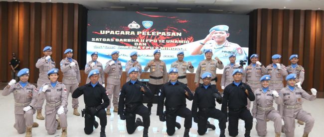 Kapolri lepas Satgas Garuda Bhayangkara ke Sudan dan Afrika Tengah, di Aula Bareskrim Polri Jakarta Selatan, Rabu siang 2/9/2020 (dok. Hari Setiawan Muhammad Yasin/ KM)