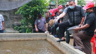 Wakil Wali Kota Bekasi Tri Adhianto bersama pengurus UKM budidaya magot dan lele di Jaticempaka, Pondok Gede, Kota Bekasi (dok. KM)