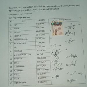 Surat Pernyataan Sikap Perangkat RT/RW Desa Pamarayan (dok. KM)